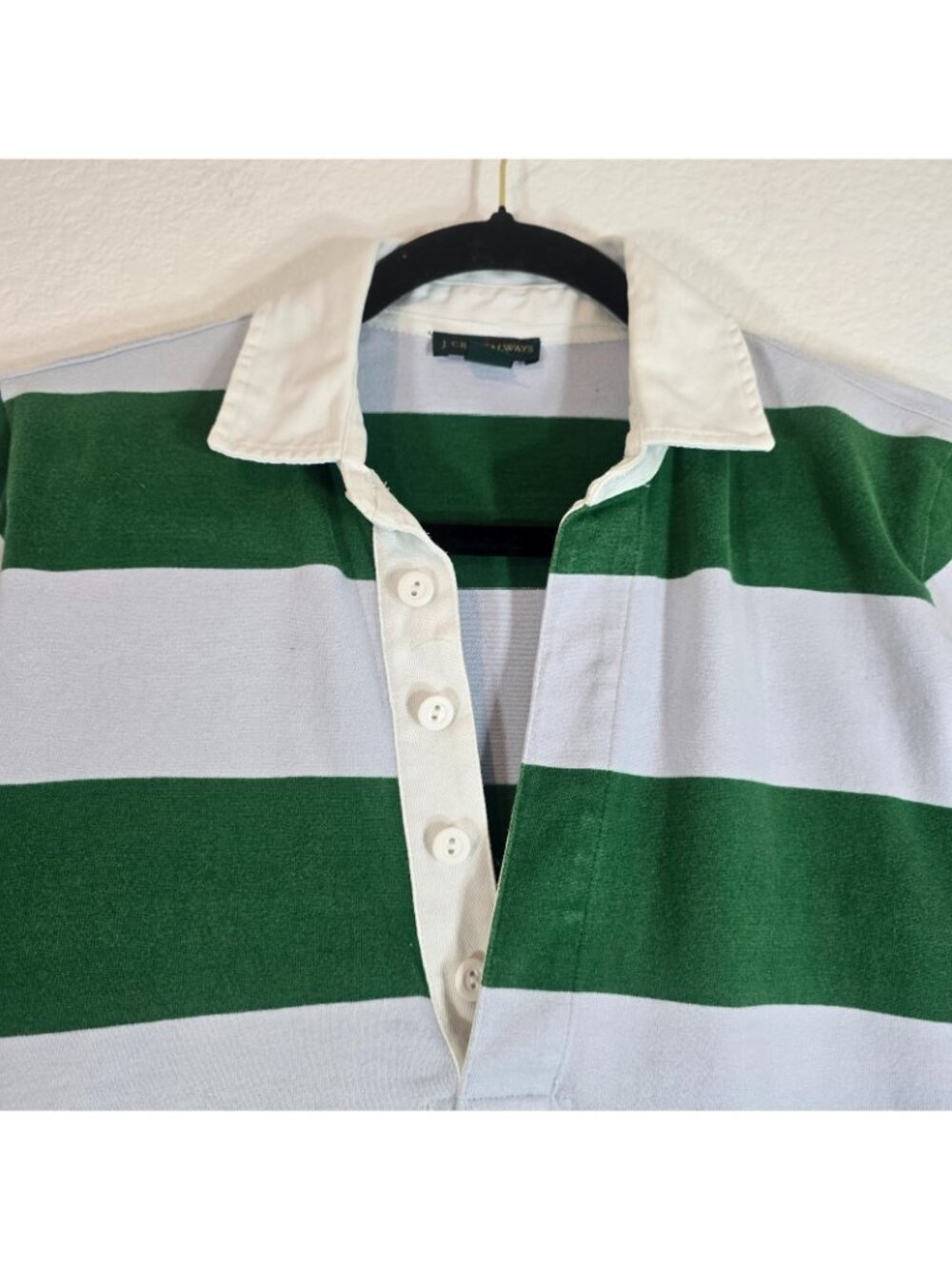 J Crew Always Polo Shirt Women Small Green Blue Rugby Striped Long Sleeve Preppy - Picture 2 of 8